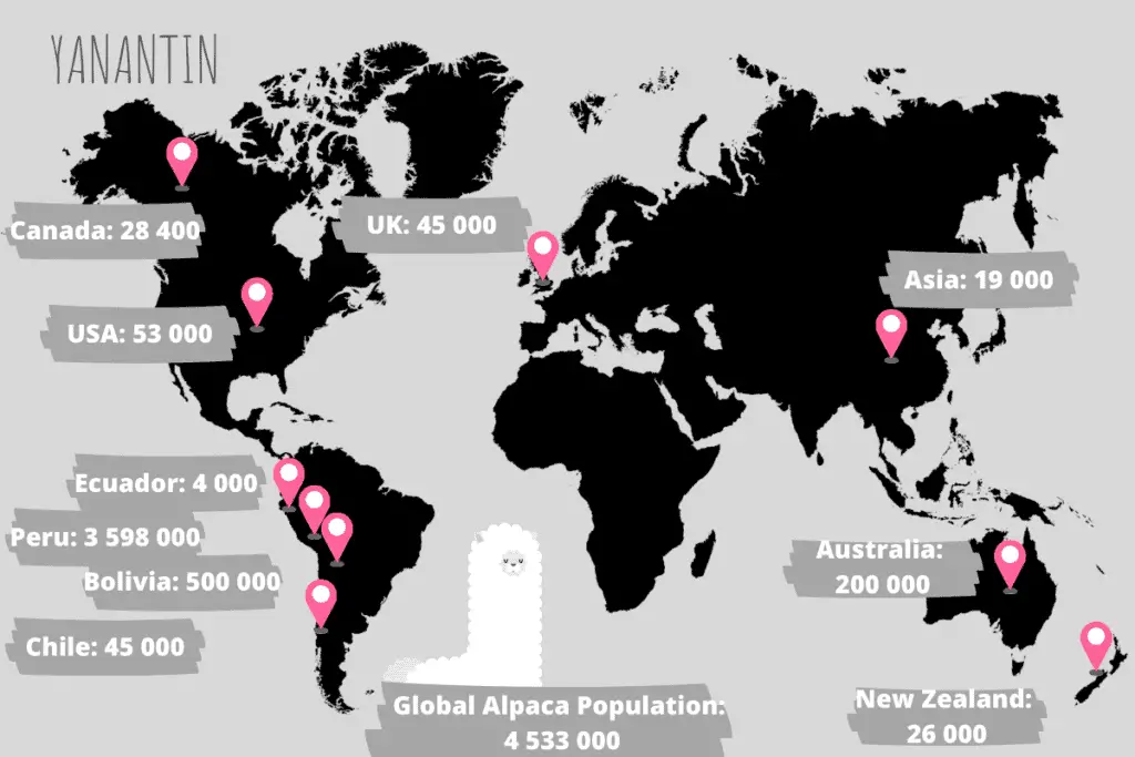 Map showing the distribution of the global alpaca population.