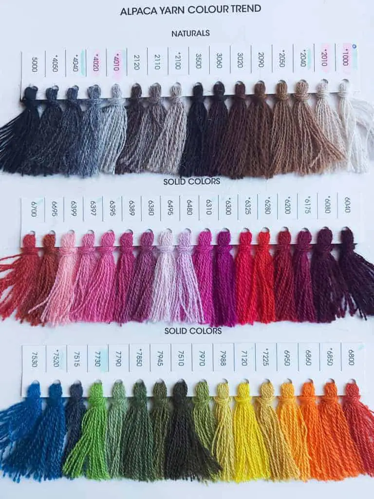 Samples of alpaca wool in many different colors, including 16 natural colors
